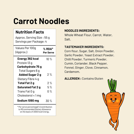 Carrot Wheat Noodles 220g (2 Packs) | No Maida, Non-Fried, No MSG | Includes Tastemaker